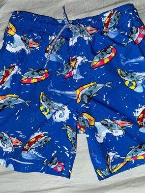 Wonder Nation Boys Size 8 Blue Shark Surf Swim Trunks Board Shorts Drawstring